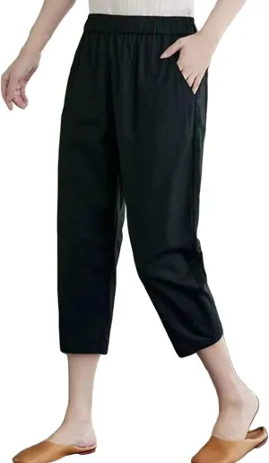 Womens Capri Pants Summer Elastic Waist Pants Dressy Casual Straight Wide Leg High Waisted Pockets Cropped Trouser