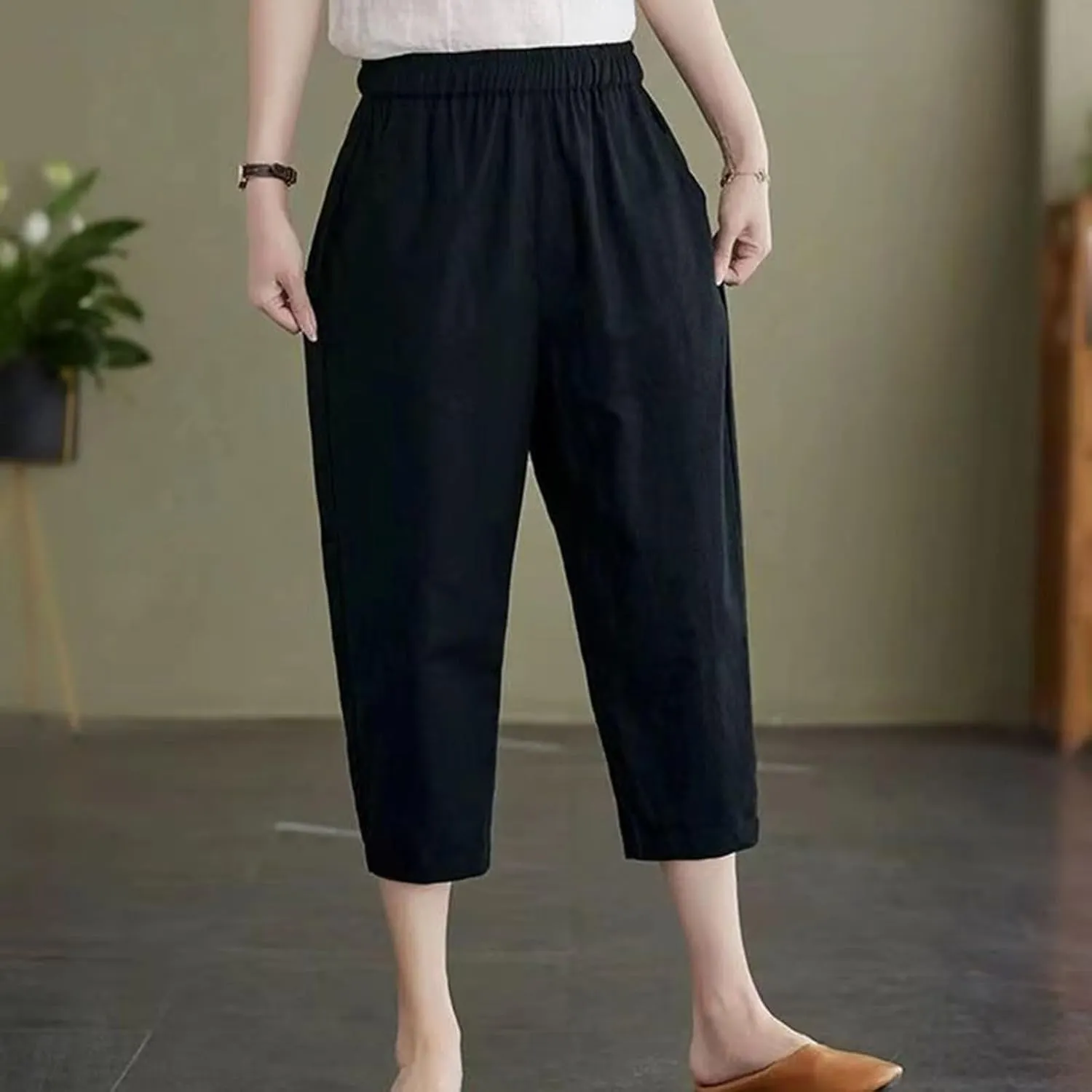 Womens Capri Pants Summer Elastic Waist Pants Dressy Casual Straight Wide Leg High Waisted Pockets Cropped Trouser