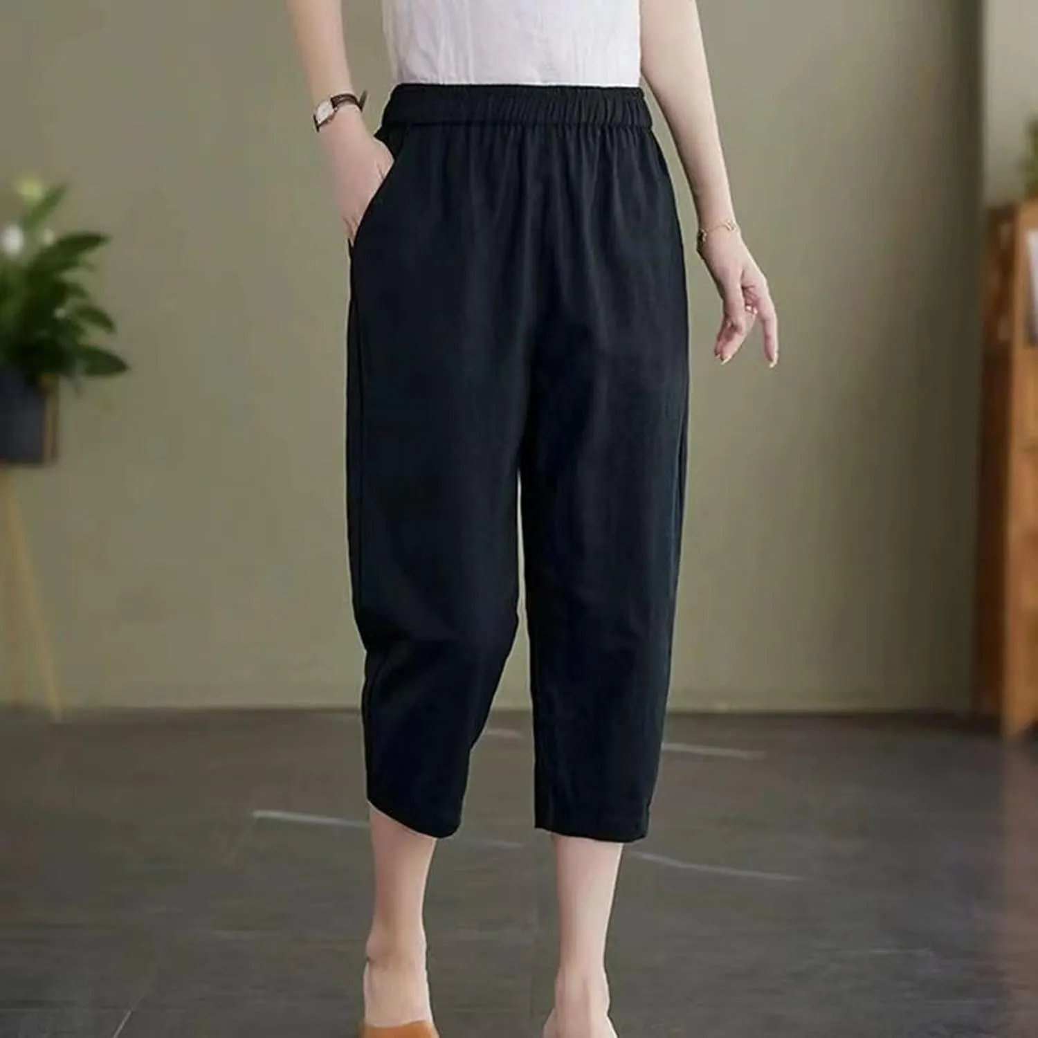 Womens Capri Pants Summer Elastic Waist Pants Dressy Casual Straight Wide Leg High Waisted Pockets Cropped Trouser