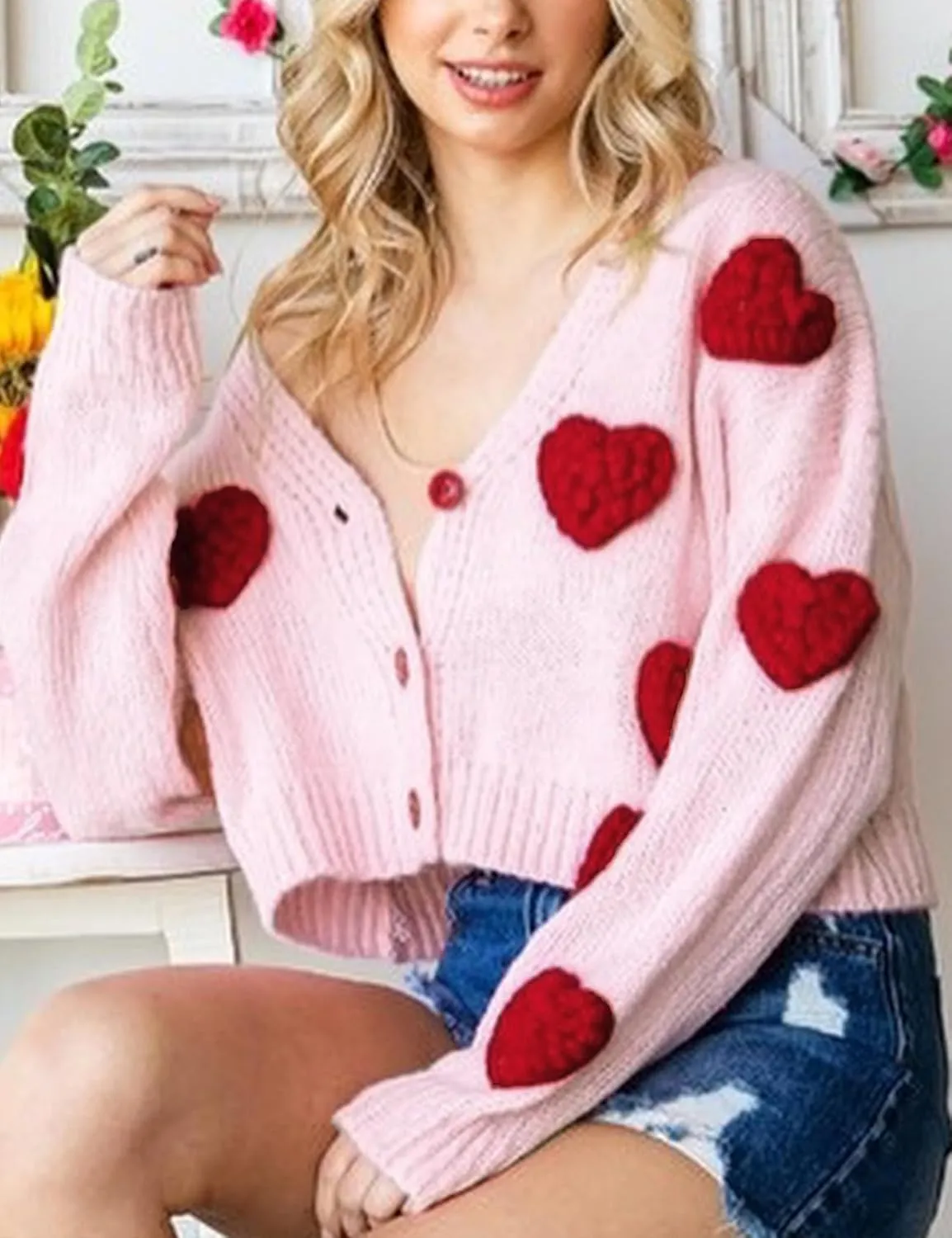 Womens Cardigan Sweaters 3D Heart Cropped Cardigan Button Down Knitted Kawaii Sweater Tops