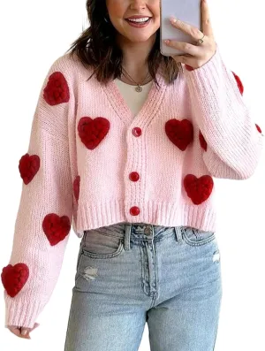 Womens Cardigan Sweaters 3D Heart Cropped Cardigan Button Down Knitted Kawaii Sweater Tops