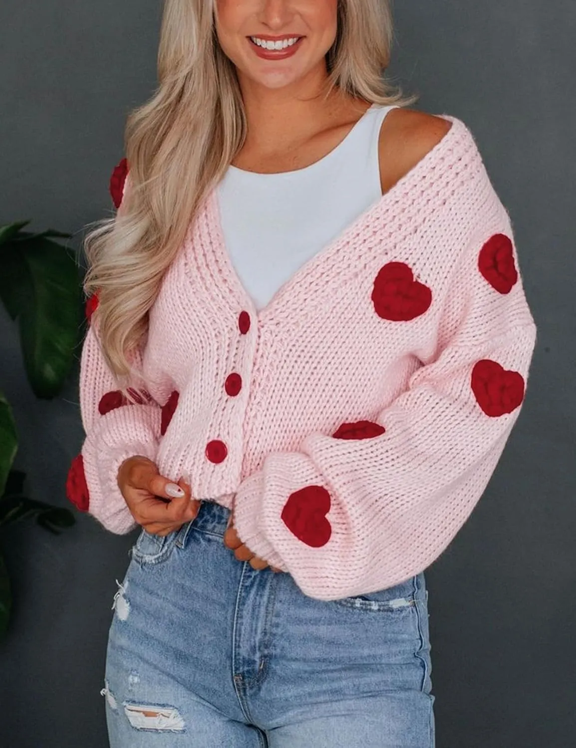 Womens Cardigan Sweaters 3D Heart Cropped Cardigan Button Down Knitted Kawaii Sweater Tops