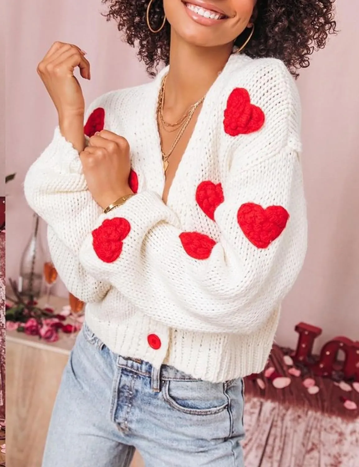 Womens Cardigan Sweaters 3D Heart Cropped Cardigan Button Down Knitted Kawaii Sweater Tops