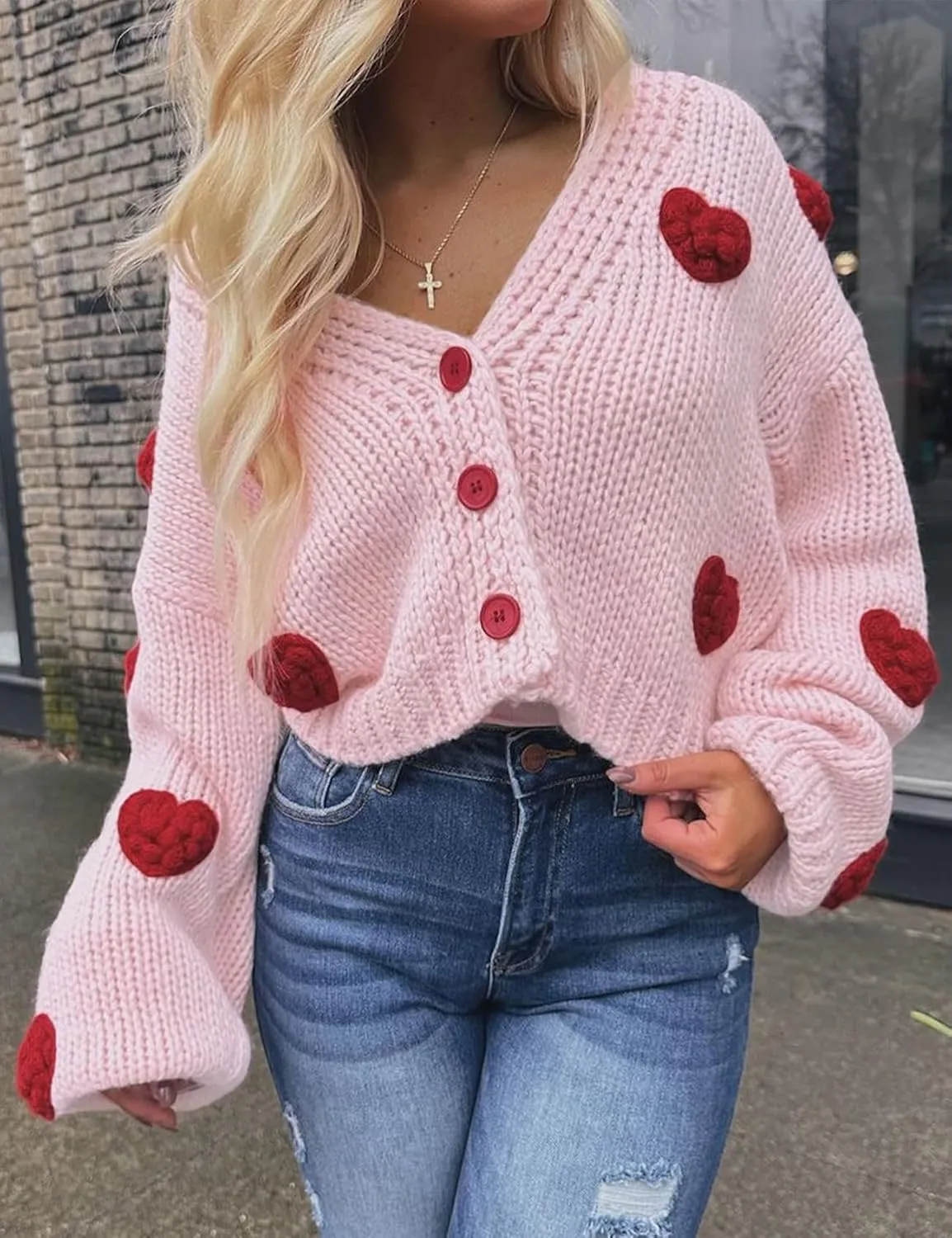 Womens Cardigan Sweaters 3D Heart Cropped Cardigan Button Down Knitted Kawaii Sweater Tops