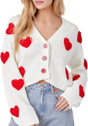 Womens Cardigan Sweaters 3D Heart Cropped Cardigan Button Down Knitted Kawaii Sweater Tops
