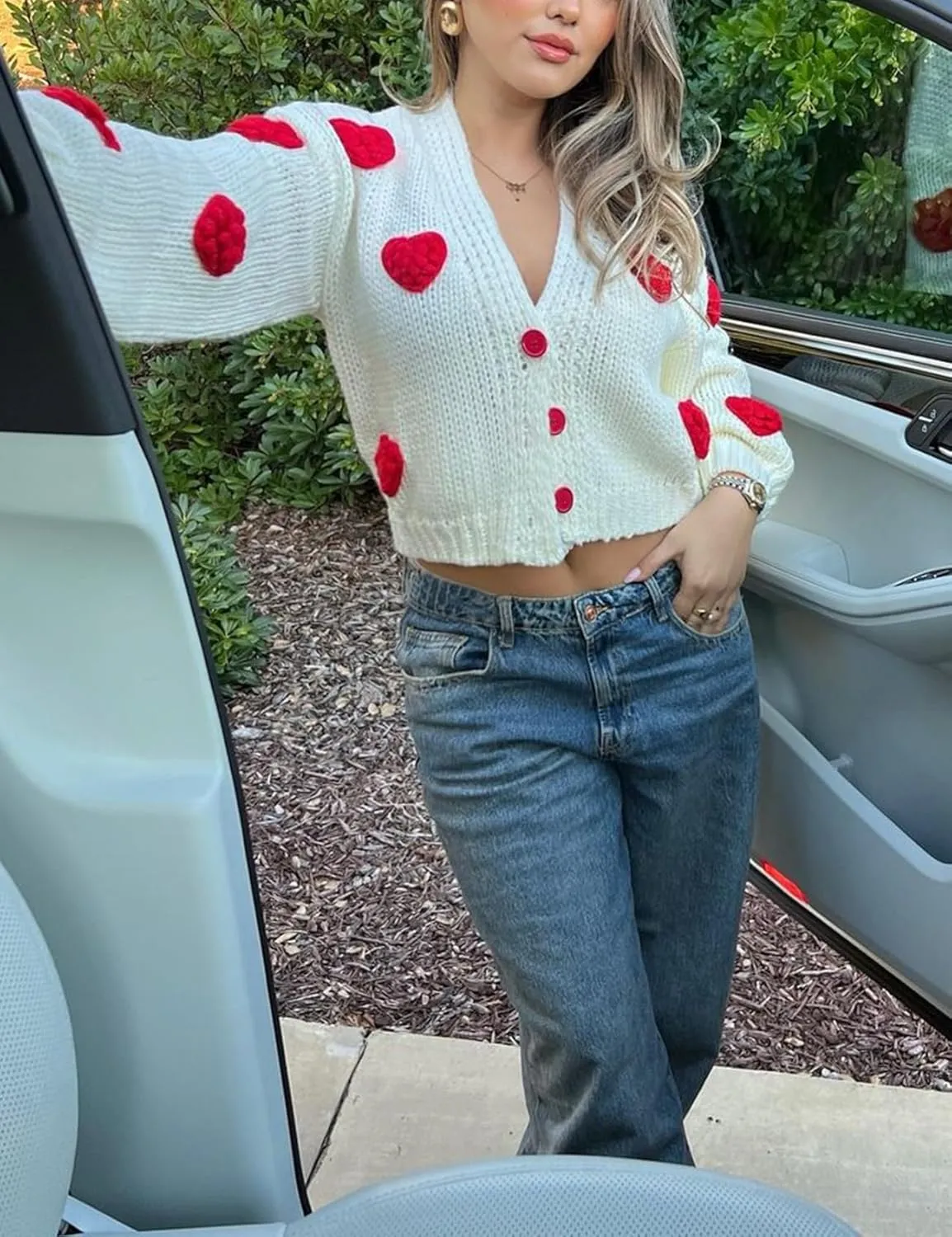 Womens Cardigan Sweaters 3D Heart Cropped Cardigan Button Down Knitted Kawaii Sweater Tops