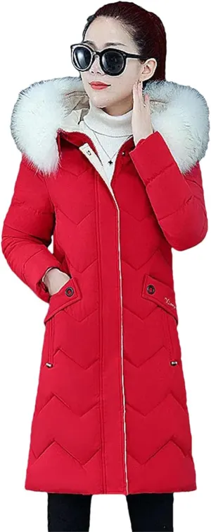 Women's Casual Down Jacket Hooded Warm Parker Coat with Hood and Pile Collar Cotton-Padded Parka Red