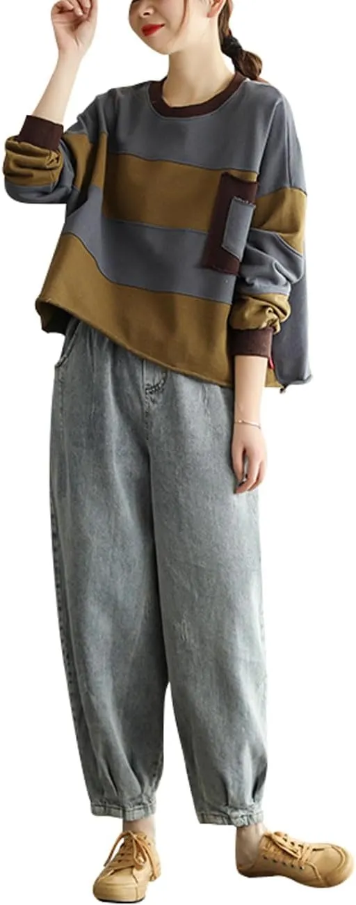 Women's Casual Harem Jeans Elastic Waist Denim Pants Trousers