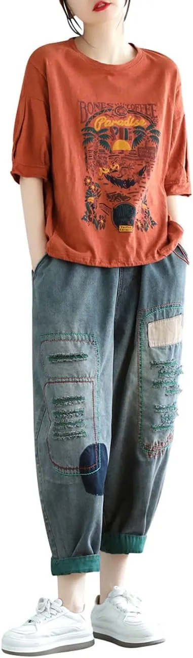 Women's Casual Harem Jeans Elastic Waist Denim Pants Trousers