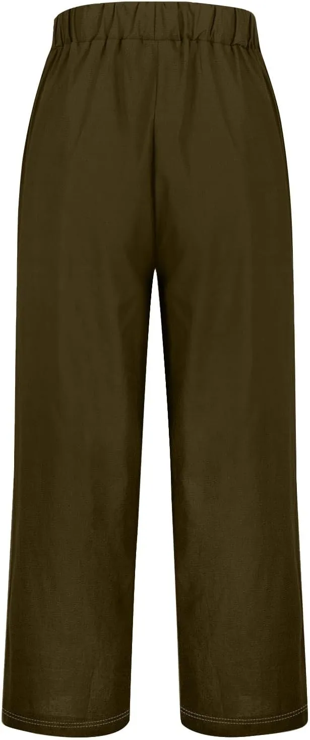 Women's Casual Loose Wide Leg Cozy Pants and Linen Long Pants High Waist Loose Capri Pants Trousers with Pockets