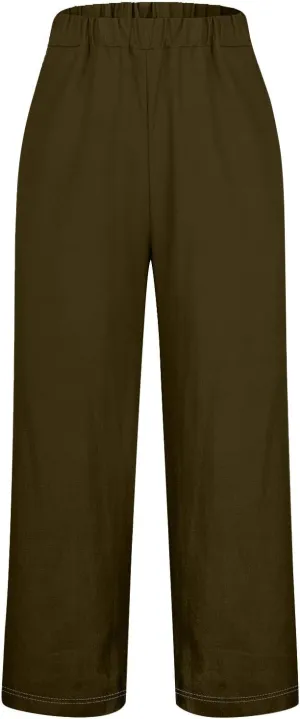 Women's Casual Loose Wide Leg Cozy Pants and Linen Long Pants High Waist Loose Capri Pants Trousers with Pockets