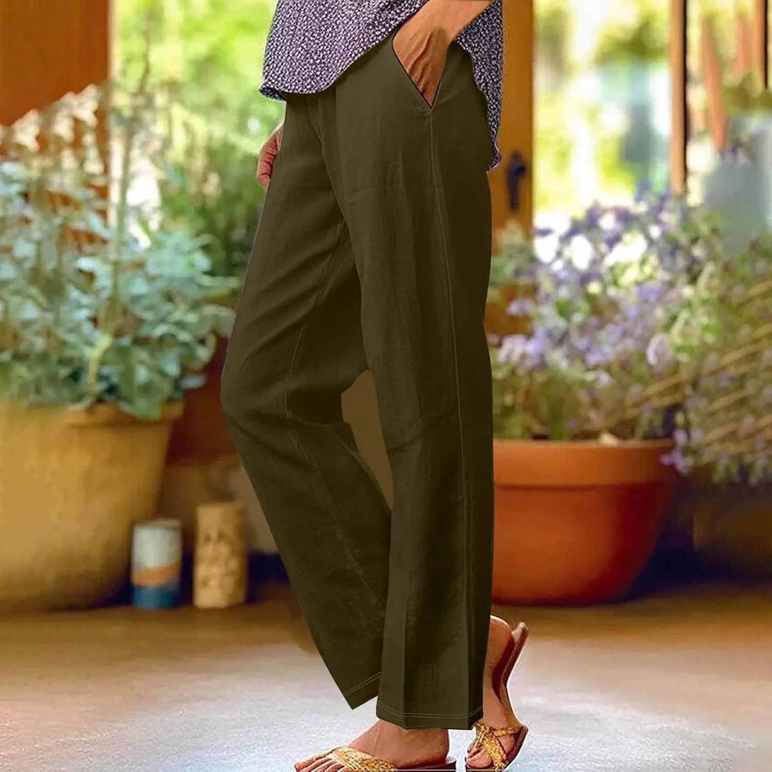 Women's Casual Loose Wide Leg Cozy Pants and Linen Long Pants High Waist Loose Capri Pants Trousers with Pockets