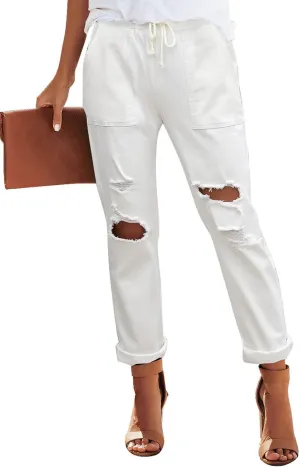 Womens Casual Pull-on Distressed Stretch Jeans Elastic Waist Jean Denim Joggers Pants