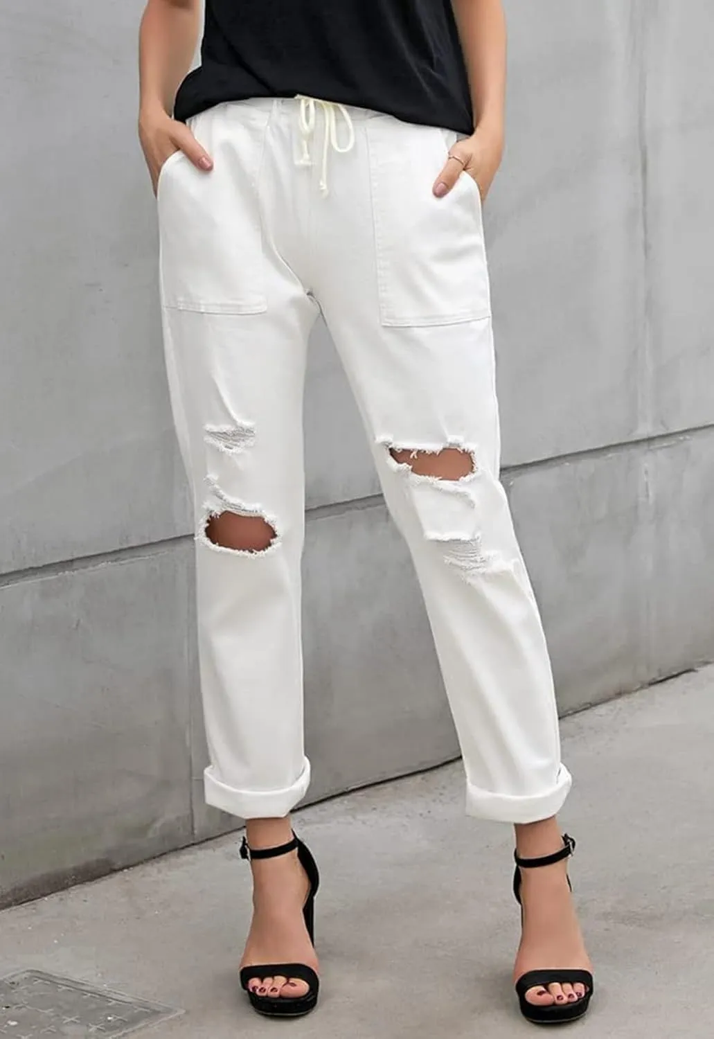 Womens Casual Pull-on Distressed Stretch Jeans Elastic Waist Jean Denim Joggers Pants