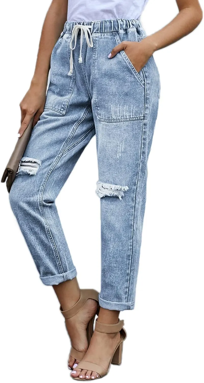 Womens Casual Pull-on Distressed Stretch Jeans Elastic Waist Jean Denim Joggers Pants