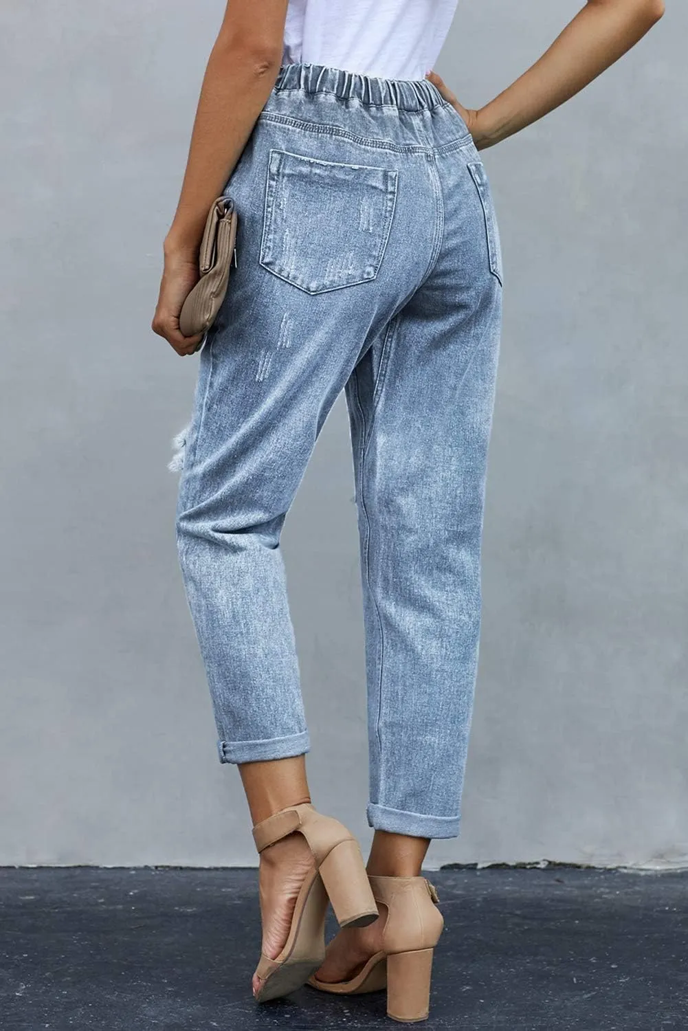 Womens Casual Pull-on Distressed Stretch Jeans Elastic Waist Jean Denim Joggers Pants