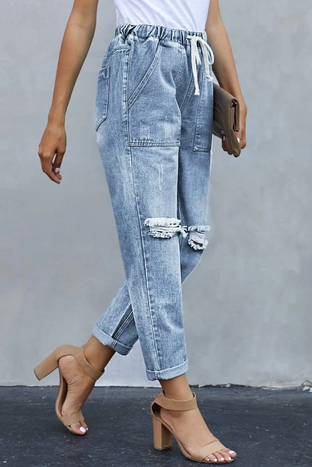 Womens Casual Pull-on Distressed Stretch Jeans Elastic Waist Jean Denim Joggers Pants