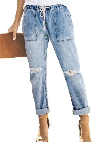 Womens Casual Pull-on Distressed Stretch Jeans Elastic Waist Jean Denim Joggers Pants