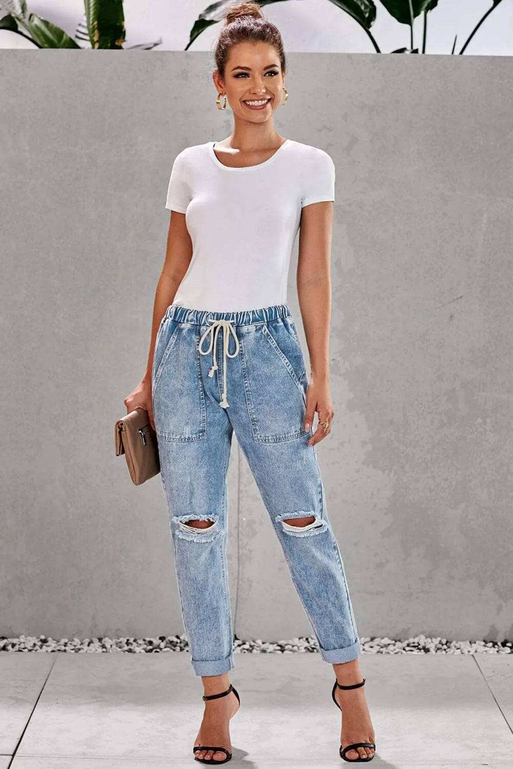 Womens Casual Pull-on Distressed Stretch Jeans Elastic Waist Jean Denim Joggers Pants