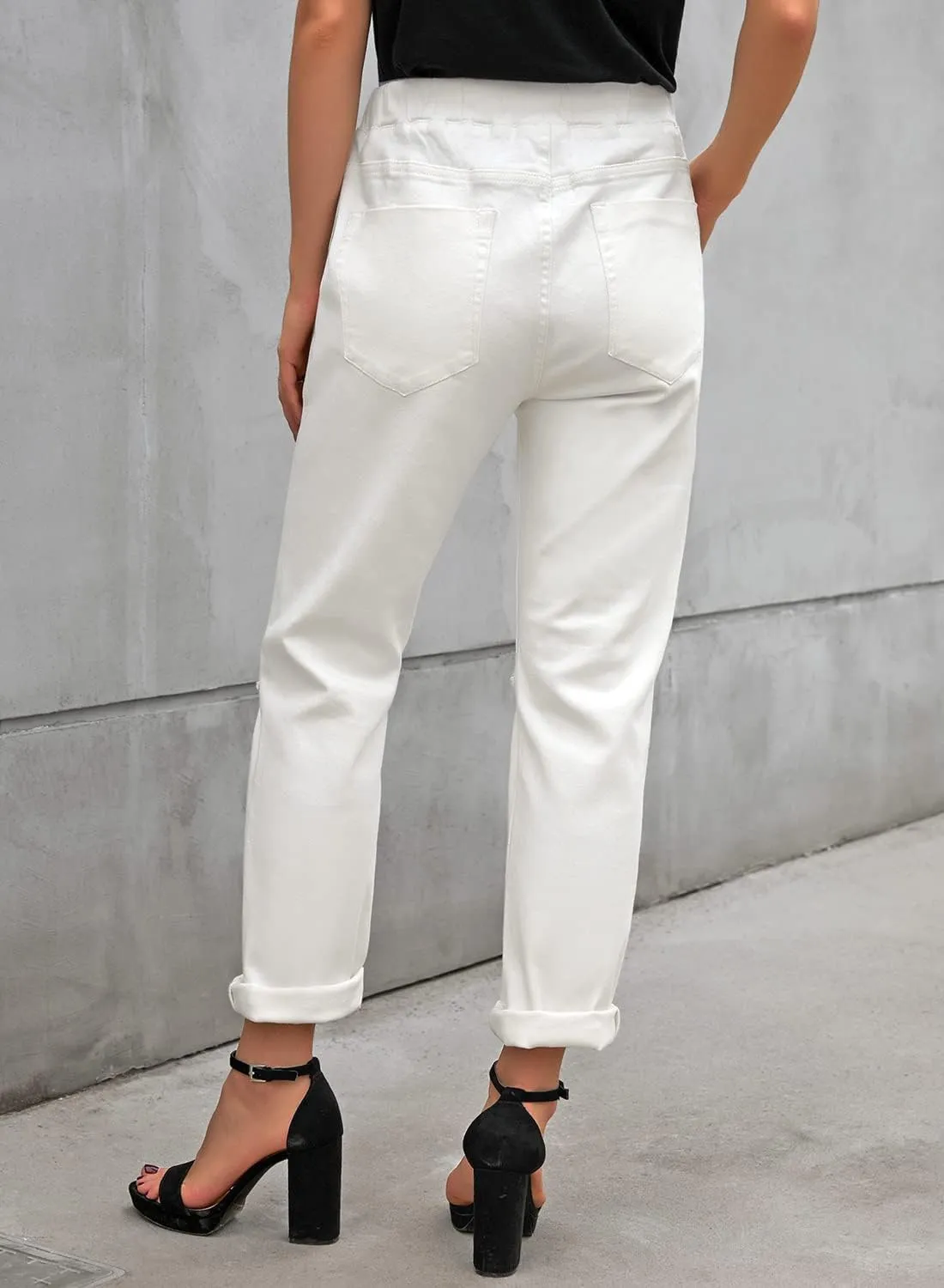 Womens Casual Pull-on Distressed Stretch Jeans Elastic Waist Jean Denim Joggers Pants