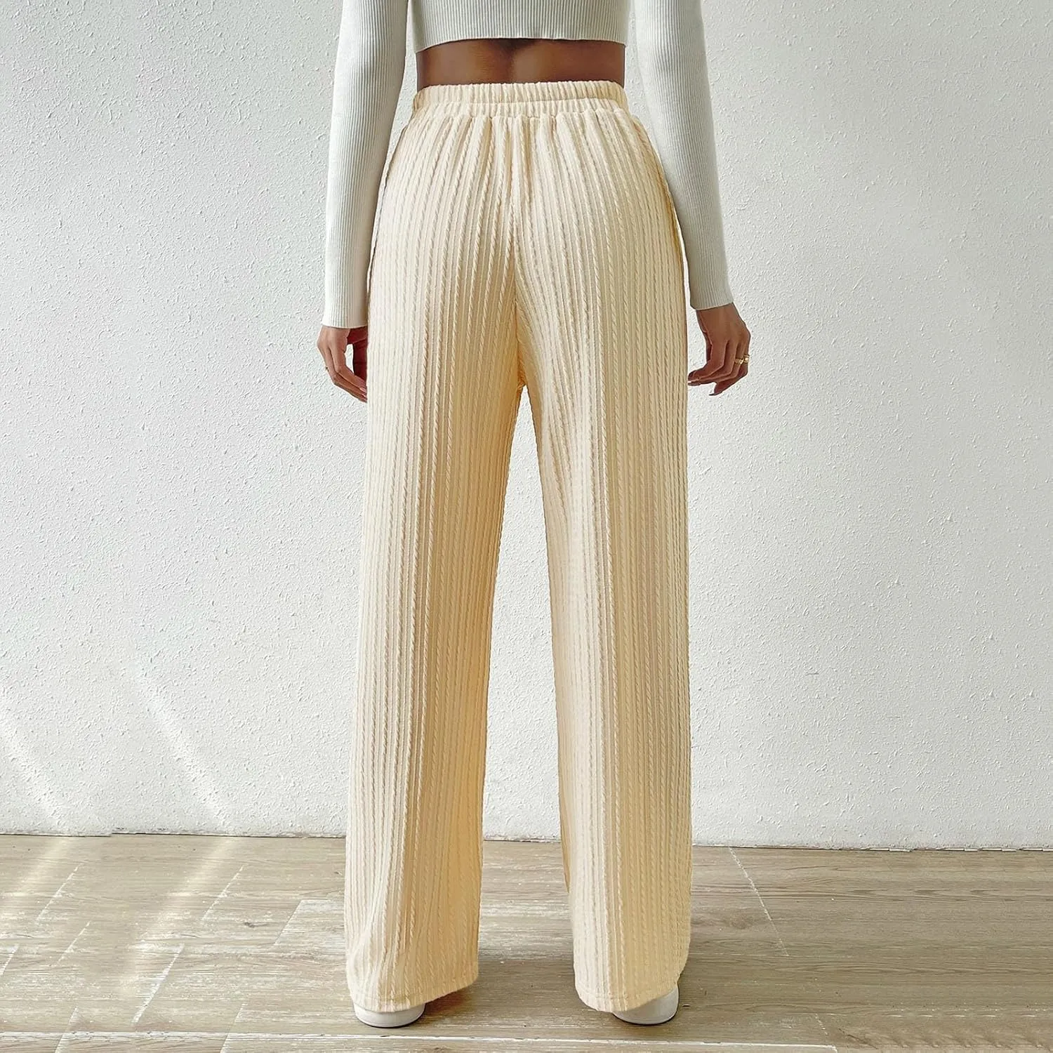 Women's Casual Rib Knit High Elastic Waist Elastic Waist Pant Wide Leg Pant Pants Trousers Plaid Casual Pants for Women