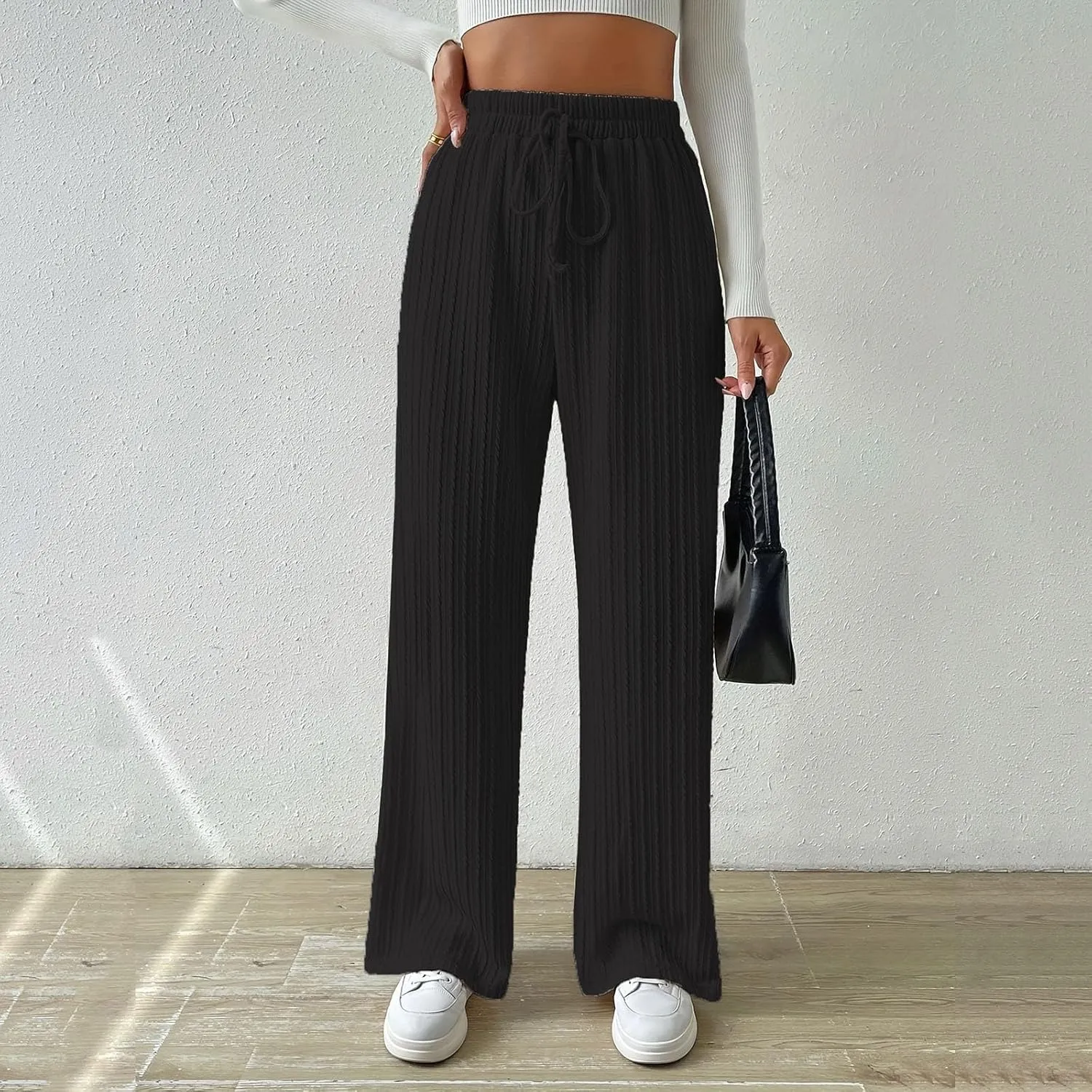 Women's Casual Rib Knit High Elastic Waist Elastic Waist Pant Wide Leg Pant Pants Trousers Plaid Casual Pants for Women