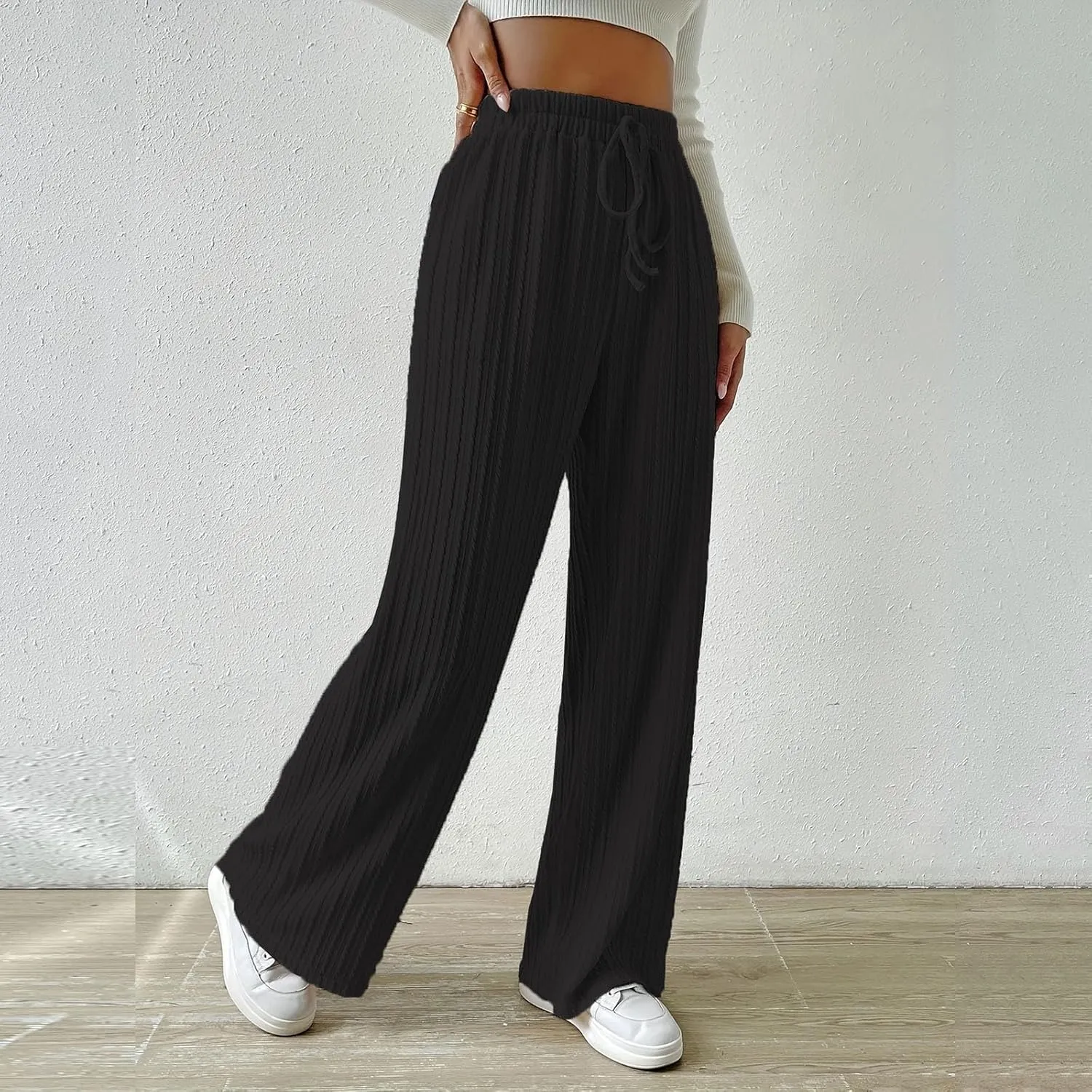 Women's Casual Rib Knit High Elastic Waist Elastic Waist Pant Wide Leg Pant Pants Trousers Plaid Casual Pants for Women