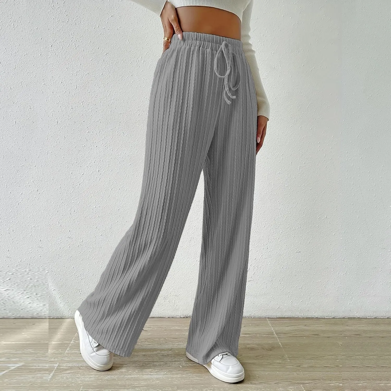 Women's Casual Rib Knit High Elastic Waist Elastic Waist Pant Wide Leg Pant Pants Trousers Plaid Casual Pants for Women