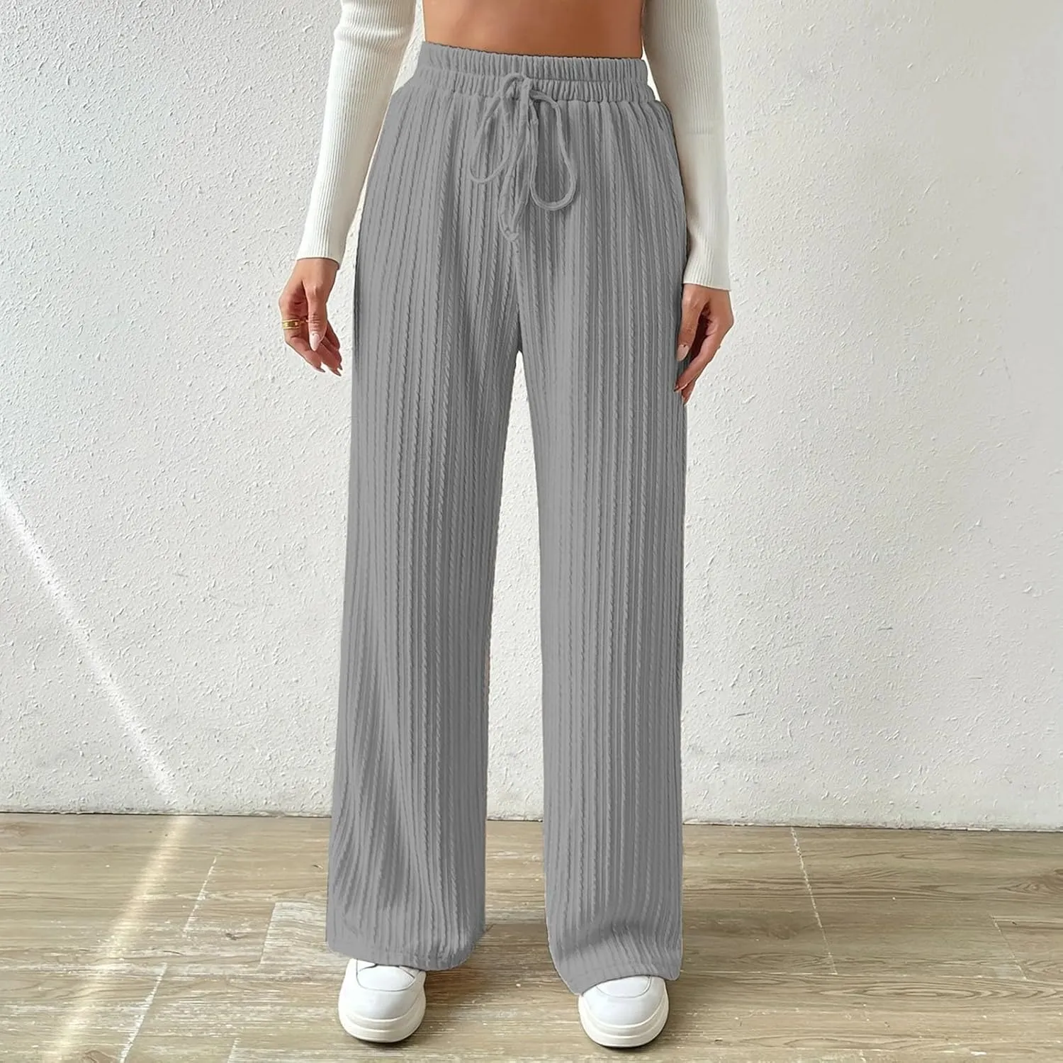 Women's Casual Rib Knit High Elastic Waist Elastic Waist Pant Wide Leg Pant Pants Trousers Plaid Casual Pants for Women