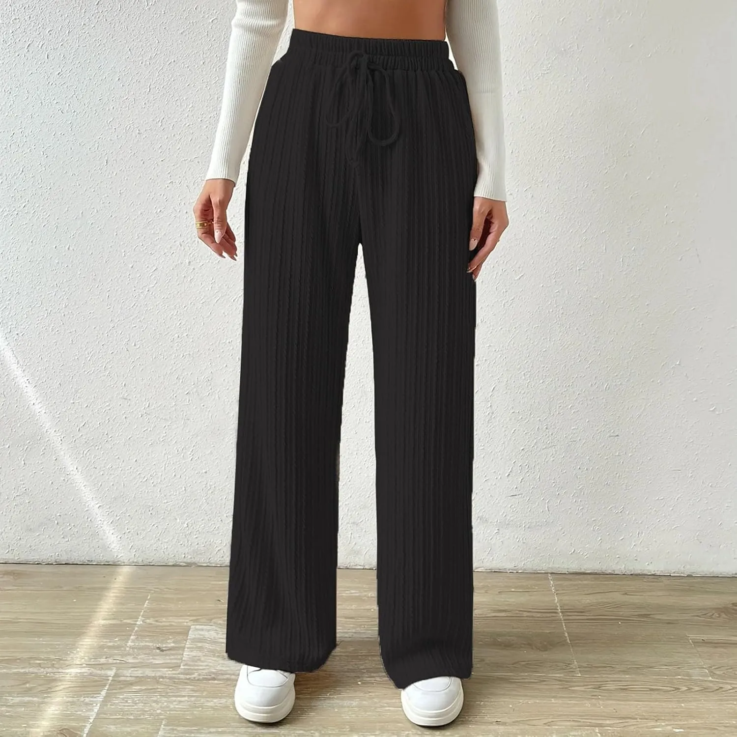 Women's Casual Rib Knit High Elastic Waist Elastic Waist Pant Wide Leg Pant Pants Trousers Plaid Casual Pants for Women