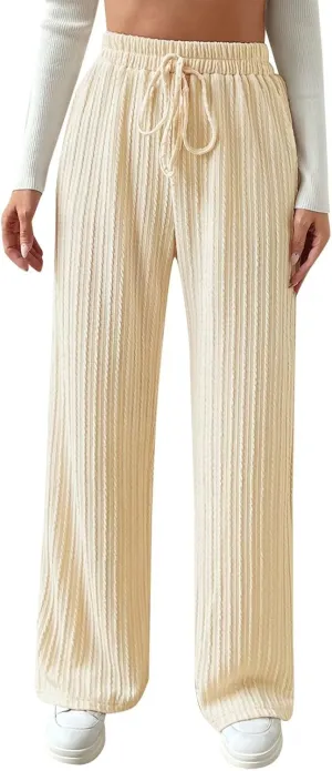 Women's Casual Rib Knit High Elastic Waist Elastic Waist Pant Wide Leg Pant Pants Trousers Plaid Casual Pants for Women