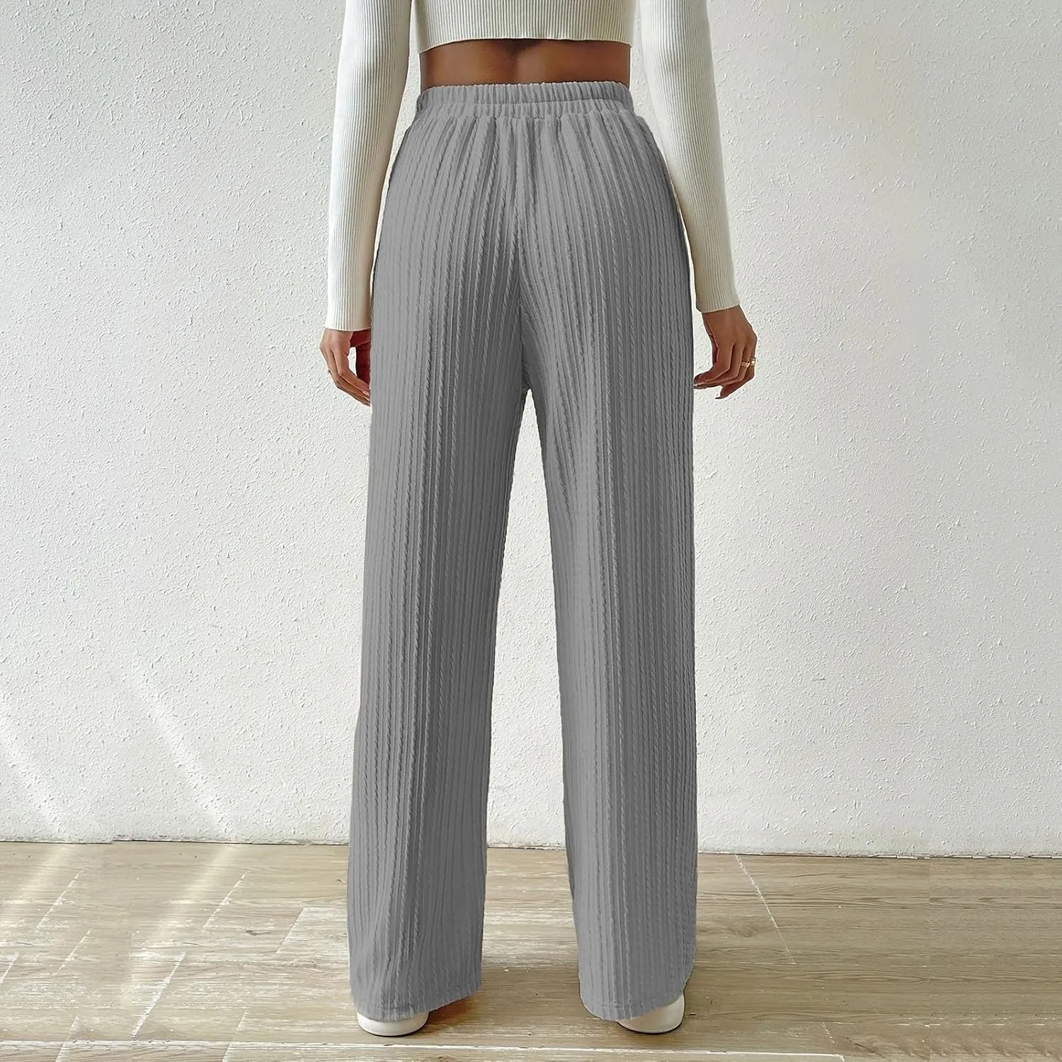 Women's Casual Rib Knit High Elastic Waist Elastic Waist Pant Wide Leg Pant Pants Trousers Plaid Casual Pants for Women
