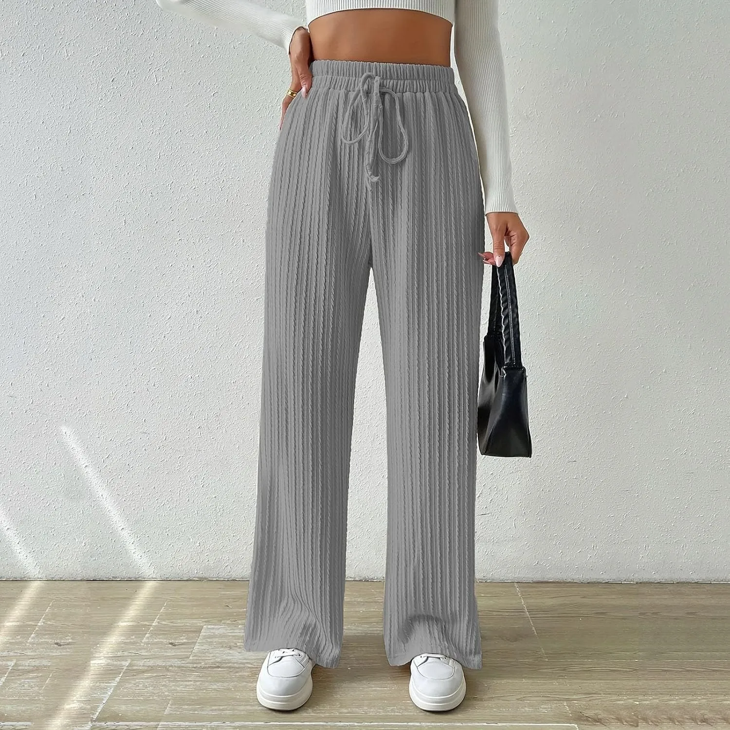 Women's Casual Rib Knit High Elastic Waist Elastic Waist Pant Wide Leg Pant Pants Trousers Plaid Casual Pants for Women