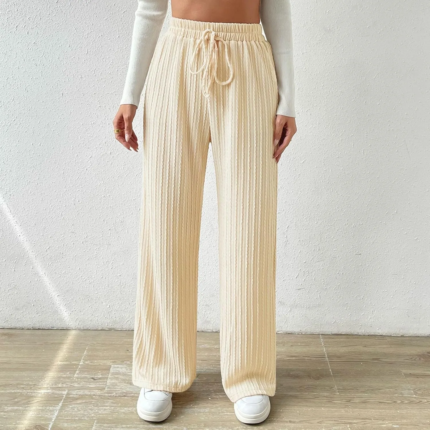 Women's Casual Rib Knit High Elastic Waist Elastic Waist Pant Wide Leg Pant Pants Trousers Plaid Casual Pants for Women