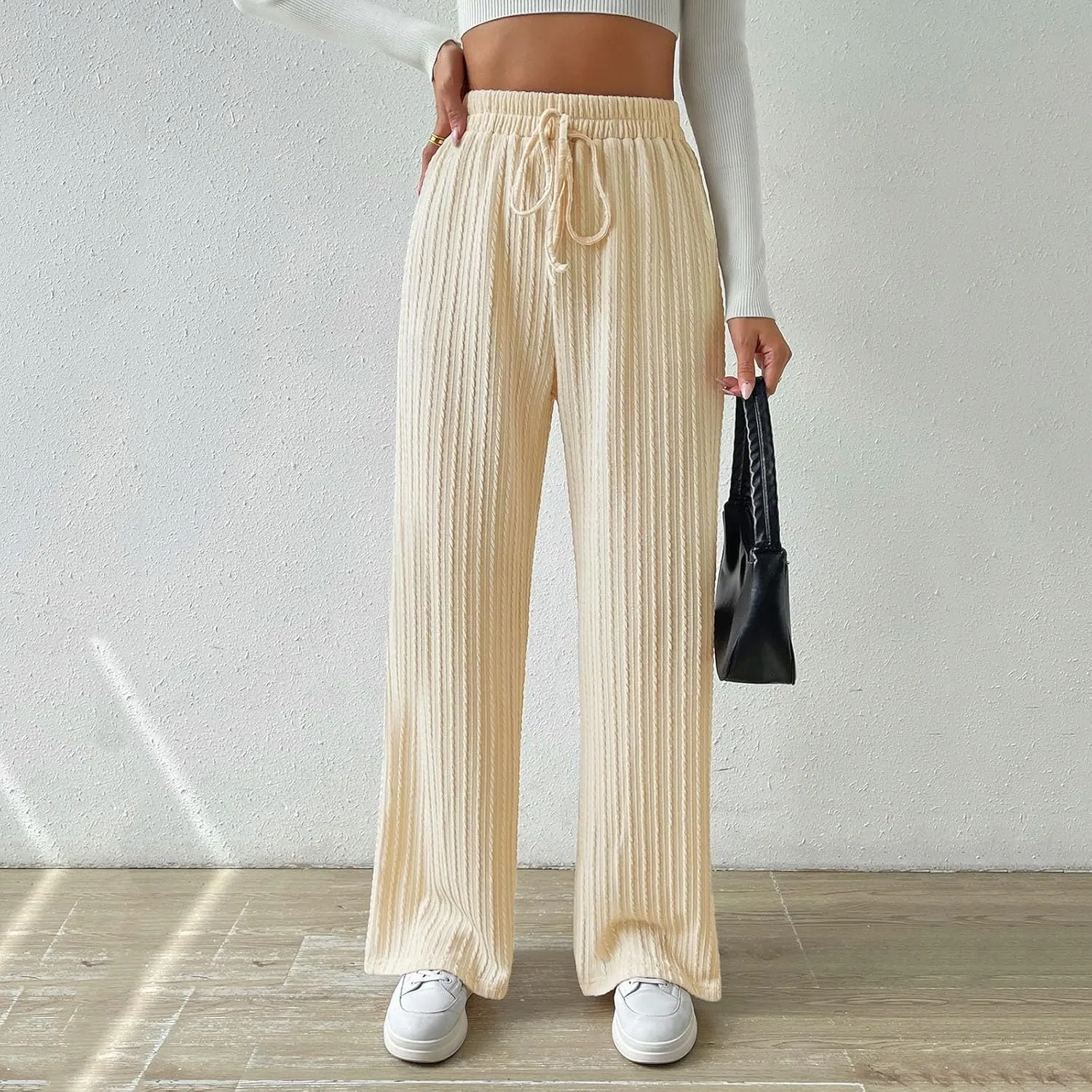 Women's Casual Rib Knit High Elastic Waist Elastic Waist Pant Wide Leg Pant Pants Trousers Plaid Casual Pants for Women