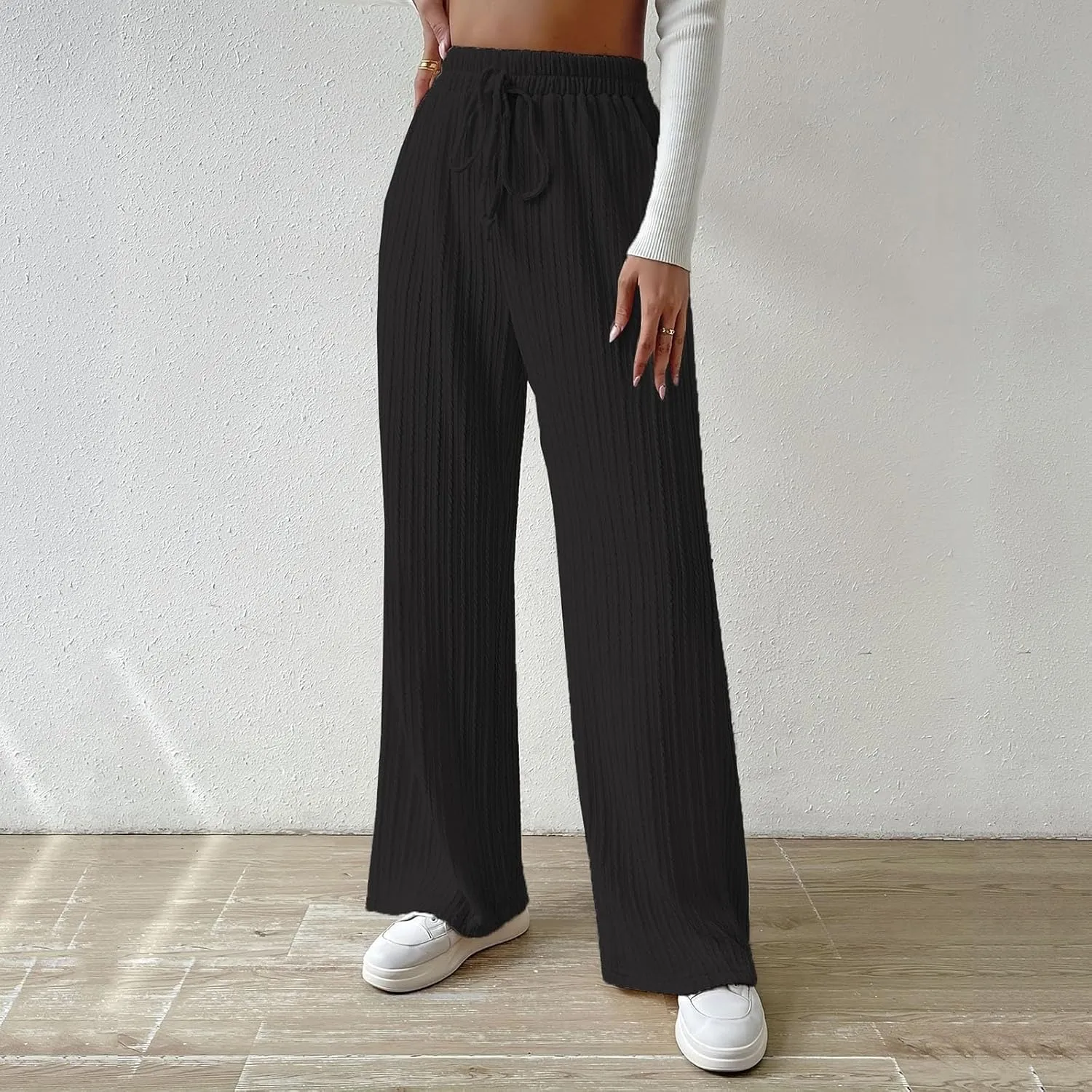 Women's Casual Rib Knit High Elastic Waist Elastic Waist Pant Wide Leg Pant Pants Trousers Plaid Casual Pants for Women