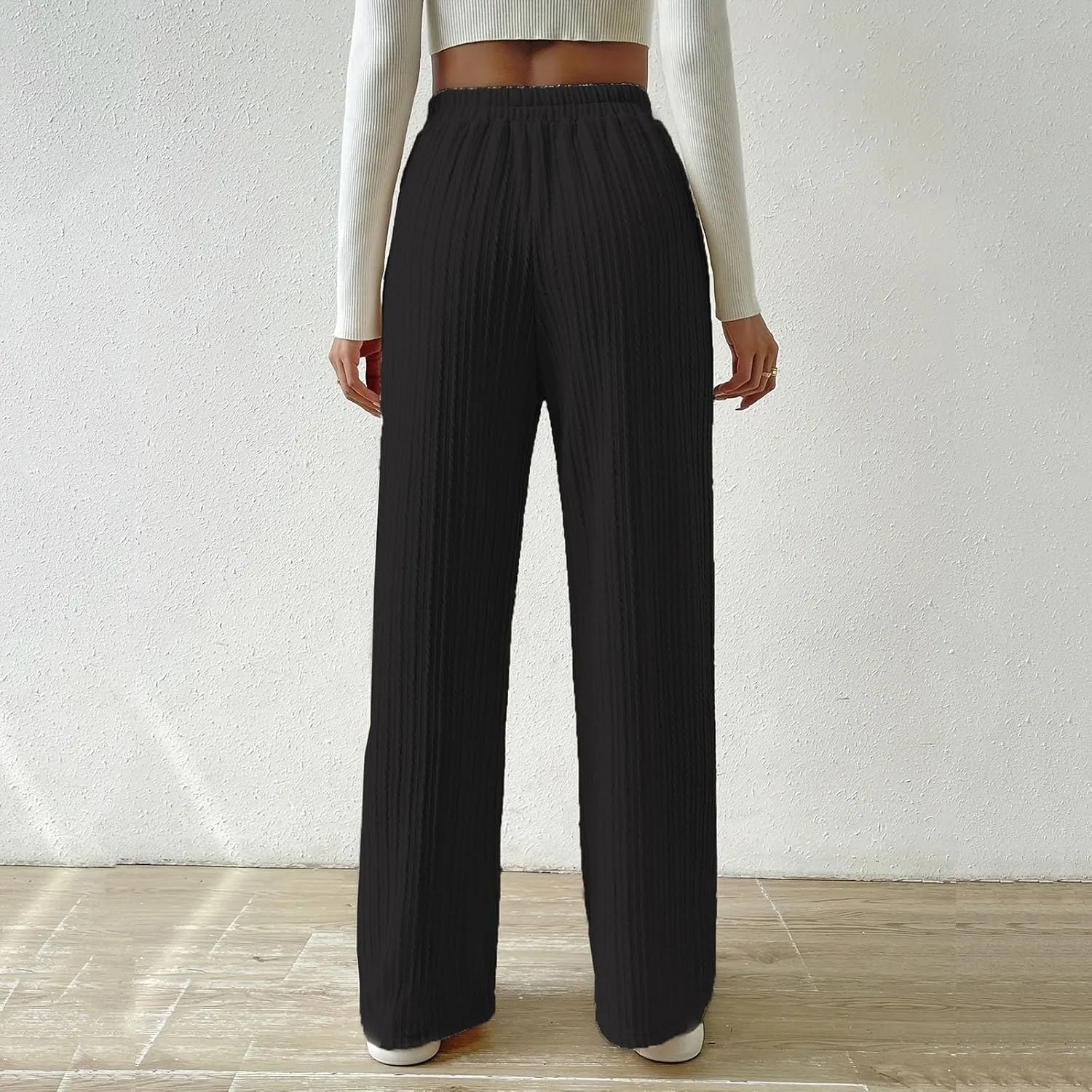 Women's Casual Rib Knit High Elastic Waist Elastic Waist Pant Wide Leg Pant Pants Trousers Plaid Casual Pants for Women