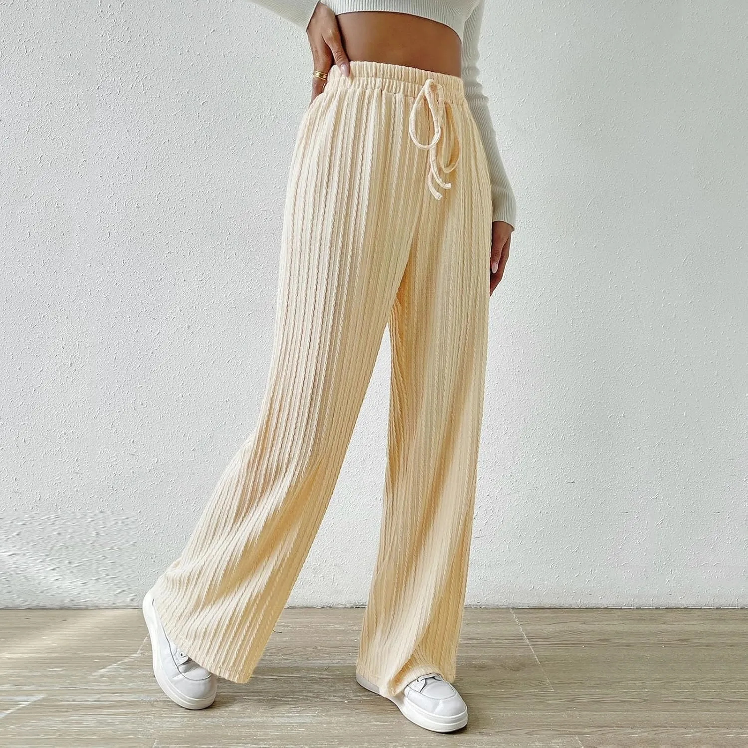 Women's Casual Rib Knit High Elastic Waist Elastic Waist Pant Wide Leg Pant Pants Trousers Plaid Casual Pants for Women