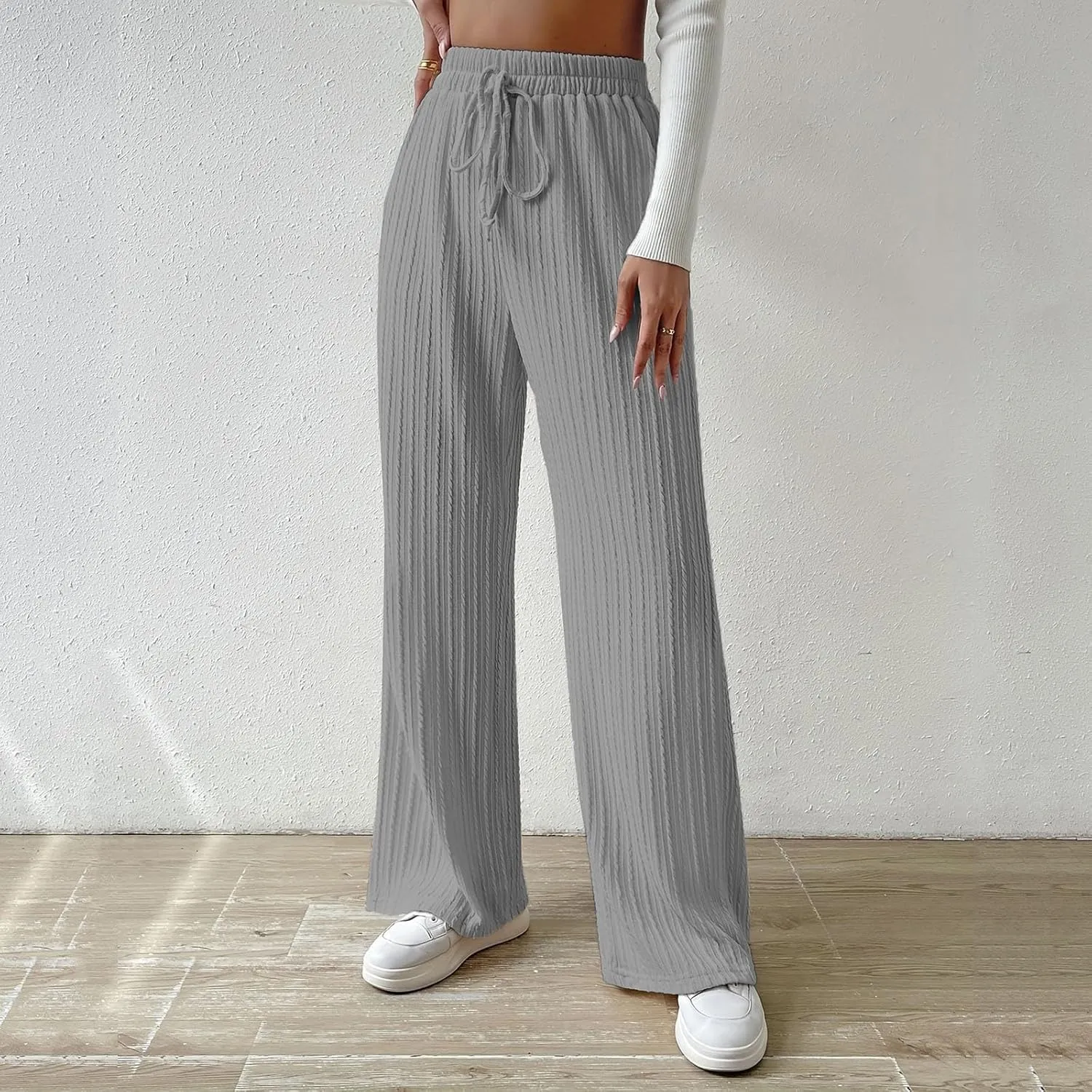 Women's Casual Rib Knit High Elastic Waist Elastic Waist Pant Wide Leg Pant Pants Trousers Plaid Casual Pants for Women