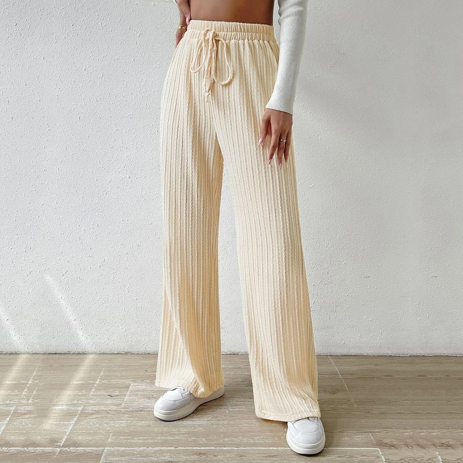 Women's Casual Rib Knit High Elastic Waist Elastic Waist Pant Wide Leg Pant Pants Trousers Plaid Casual Pants for Women