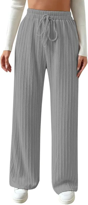Women's Casual Rib Knit High Elastic Waist Elastic Waist Pant Wide Leg Pant Pants Trousers Plaid Casual Pants for Women