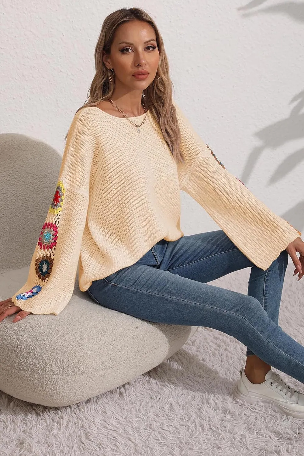 Womens Classic Boho Floral Crochet Long Sleeve Sweaters Casual Pullover Knitwear for Fall Winter Basic Tops 2024