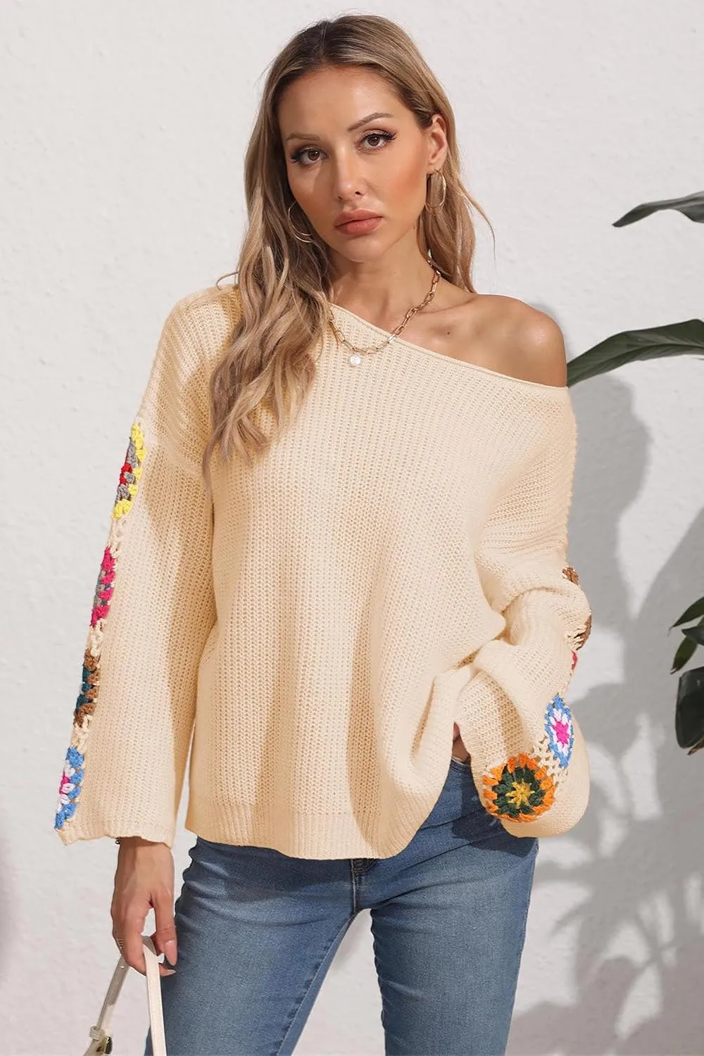 Womens Classic Boho Floral Crochet Long Sleeve Sweaters Casual Pullover Knitwear for Fall Winter Basic Tops 2024