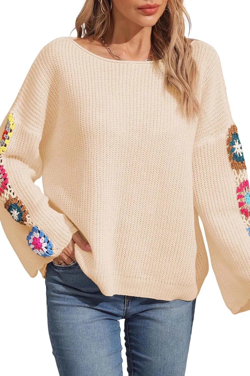 Womens Classic Boho Floral Crochet Long Sleeve Sweaters Casual Pullover Knitwear for Fall Winter Basic Tops 2024