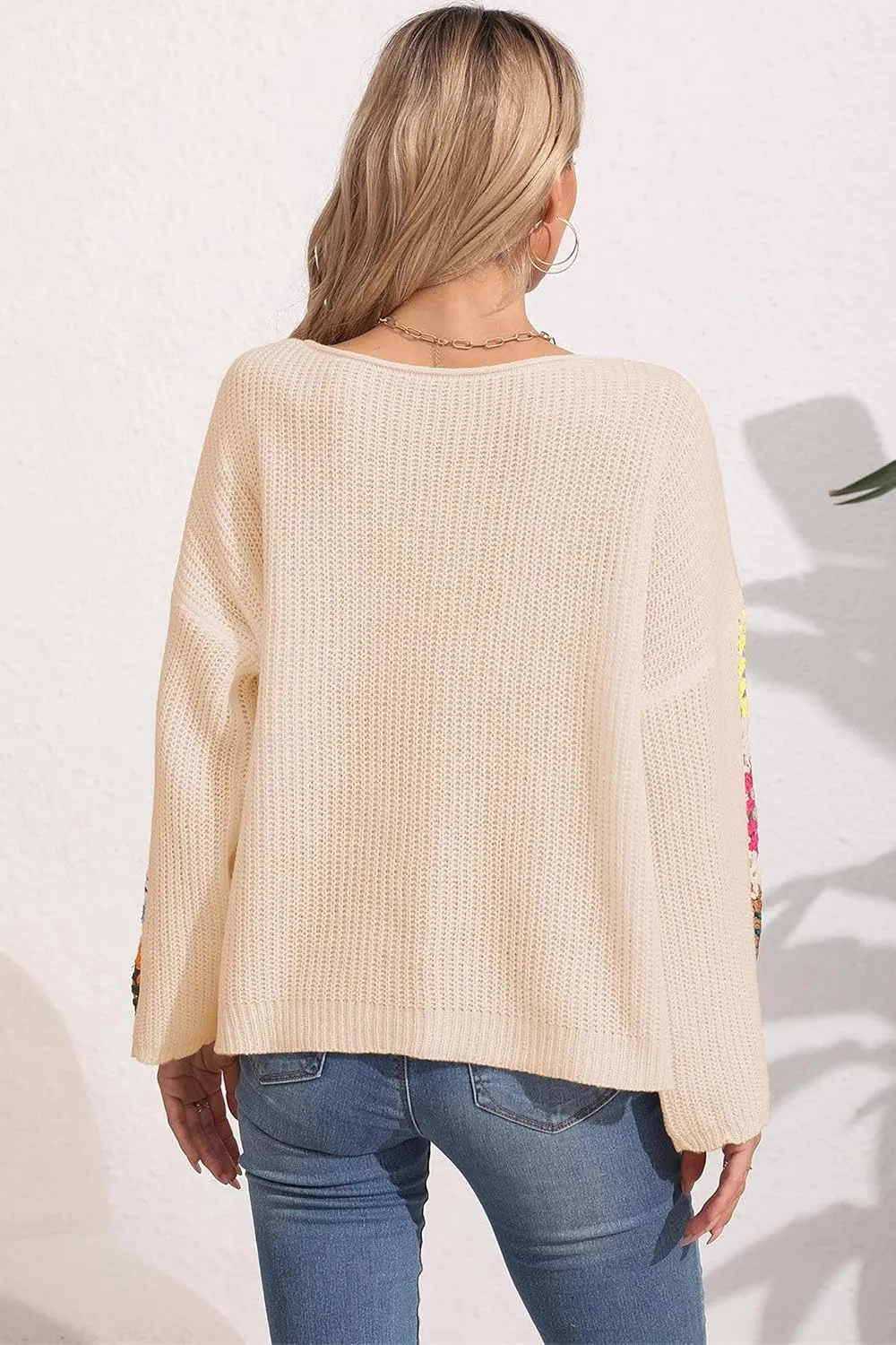 Womens Classic Boho Floral Crochet Long Sleeve Sweaters Casual Pullover Knitwear for Fall Winter Basic Tops 2024