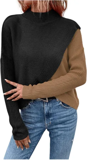 Women's Color Block Mock Neck Wrap Sweaters Asymmetrical Long Sleeve Pullover Knit Tops