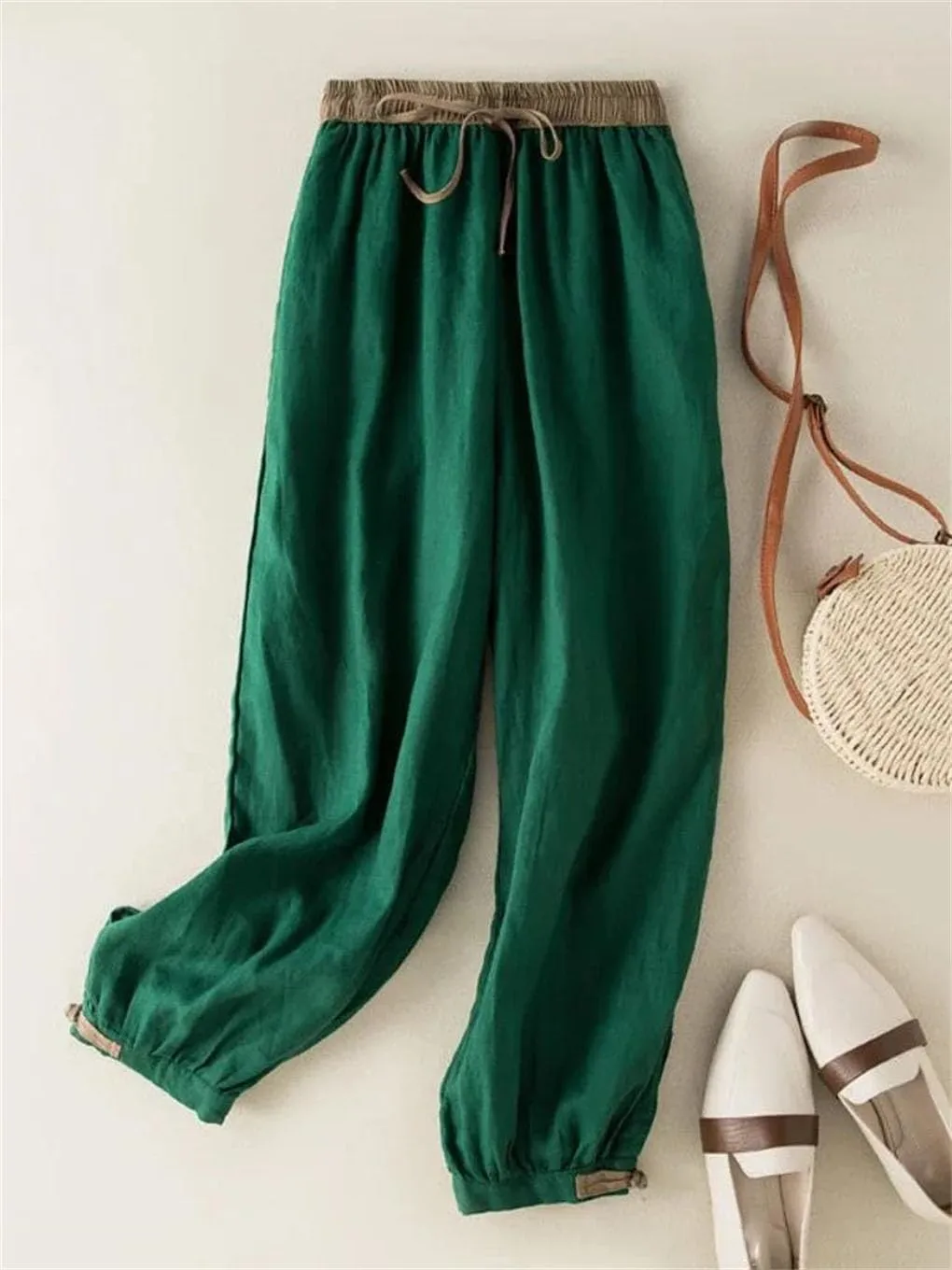 Women's Cotton and Linen Harem Pants Elastic Waist Loose Simple Solid Color Casual Pants