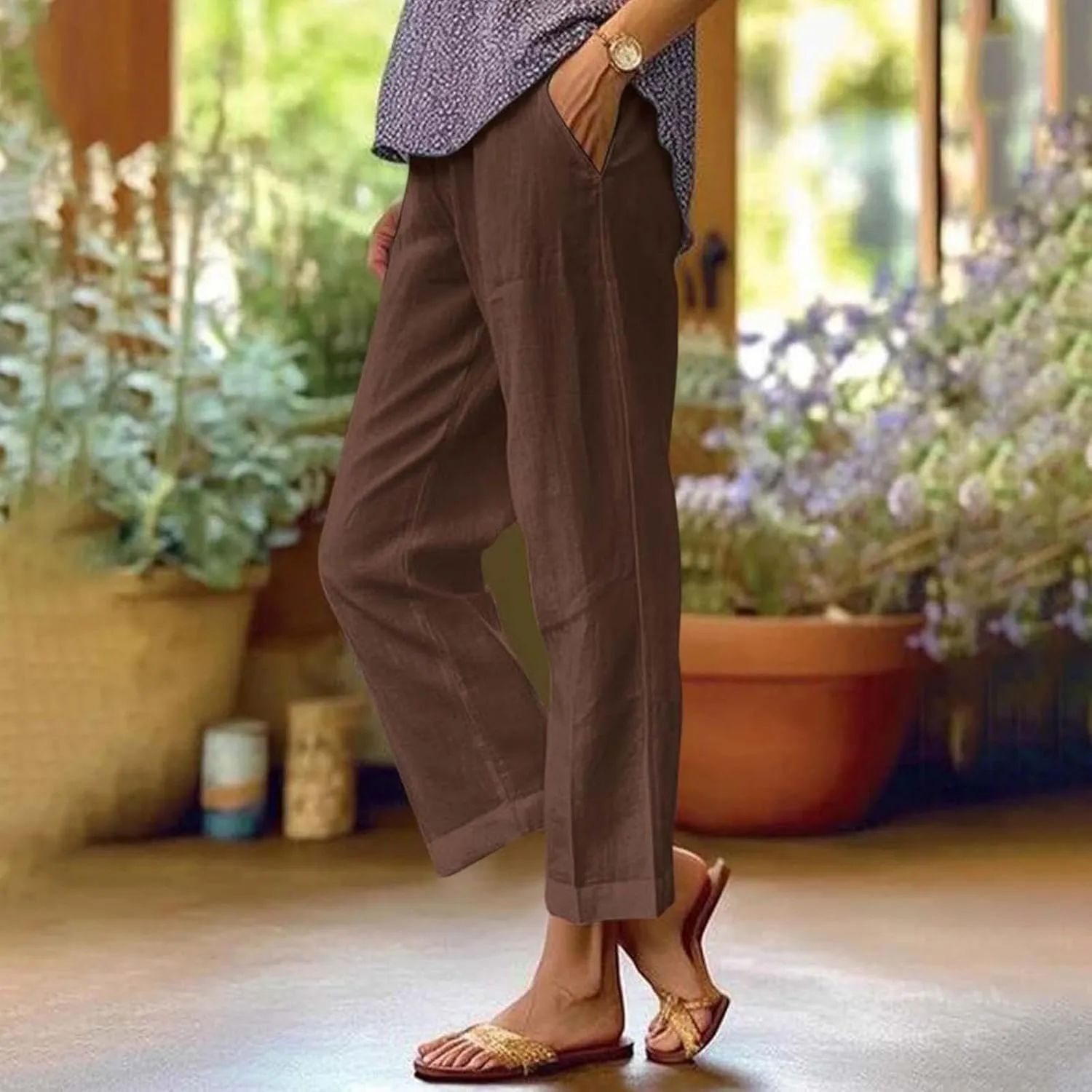 Womens Cotton Linen Pants 2025 Trendy Loose Fit Hight Elastic Waist Lightweight Summer Wide Leg Trousers with Pockets
