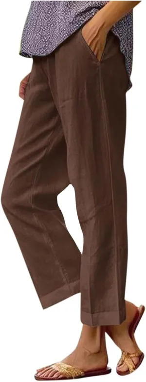 Womens Cotton Linen Pants 2025 Trendy Loose Fit Hight Elastic Waist Lightweight Summer Wide Leg Trousers with Pockets