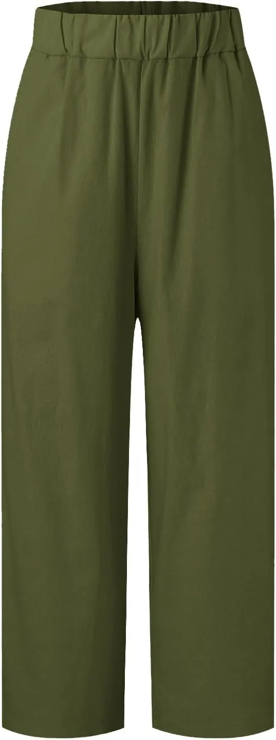 Womens Cotton Linen Pants 2025 Trendy Loose Fit Hight Elastic Waist Lightweight Summer Wide Leg Trousers with Pockets